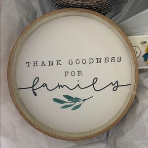 Thank Goodness For Family Round Wood Sign - White & Teal